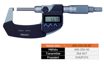 SET BT Digitální mikrometr s neotáčivým vřetenem 0-25/0,001mm MITUTOYO (406-250-30-BT)